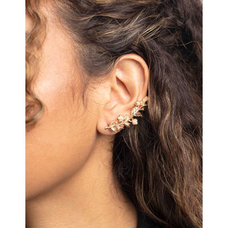 Gold Floral Branch Cuff Earrings