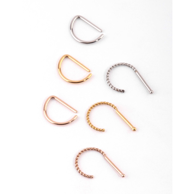 Surgical Steel Mixed Metal Textured Nose Piercing 6-Pack