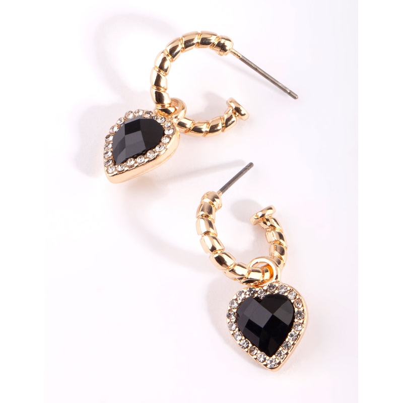 Gold Black Diamante Heart Huggie Earrings