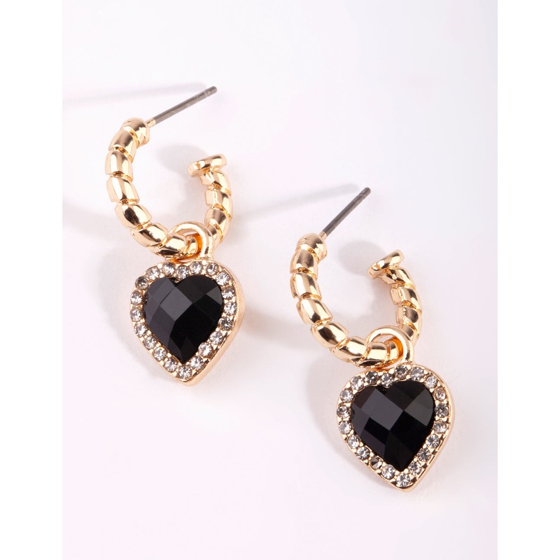 Gold Black Diamante Heart Huggie Earrings