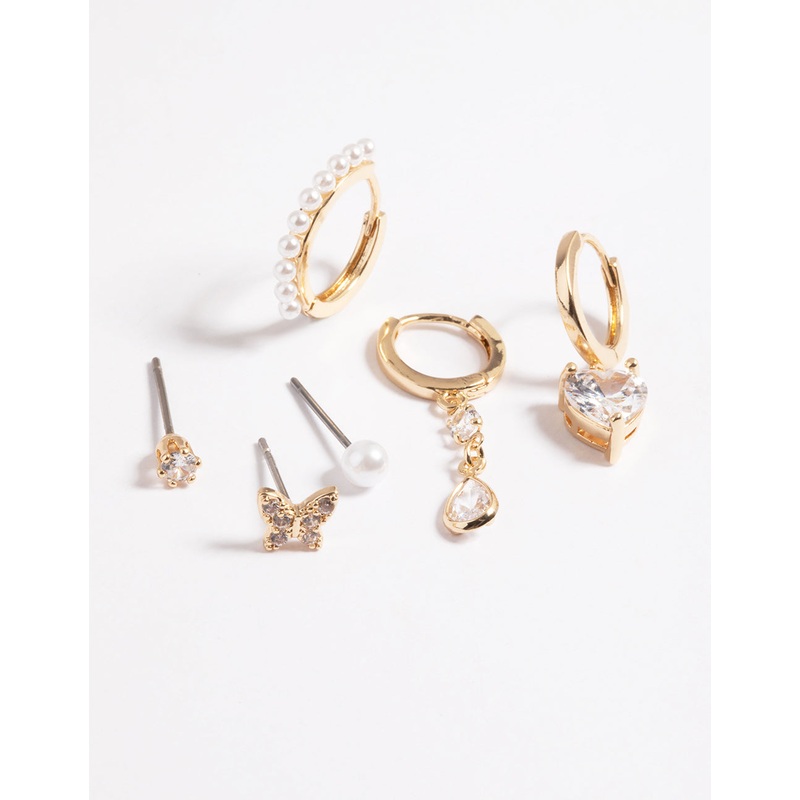 Gold Cubic Zirconia & Pearl Butterfly 6-Pack Earrings