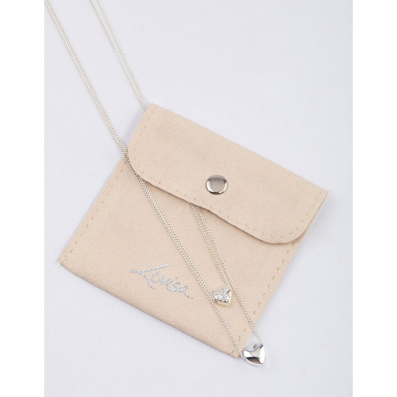 Silver Double Diamante Heart Necklace & Polishing Set