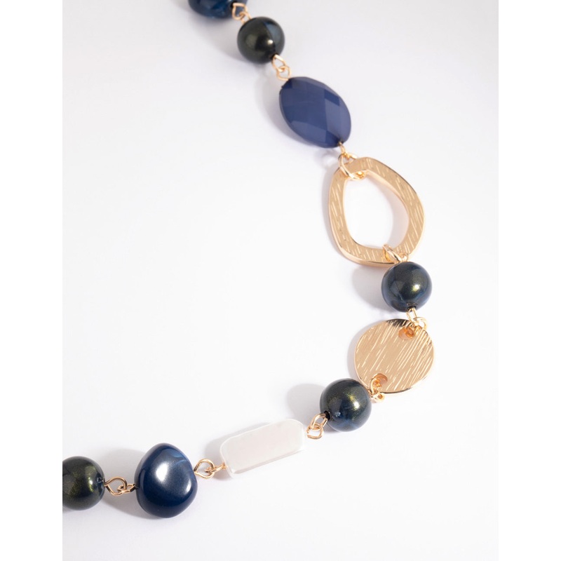 Gold & Blue Pearl & Bead Long Necklace
