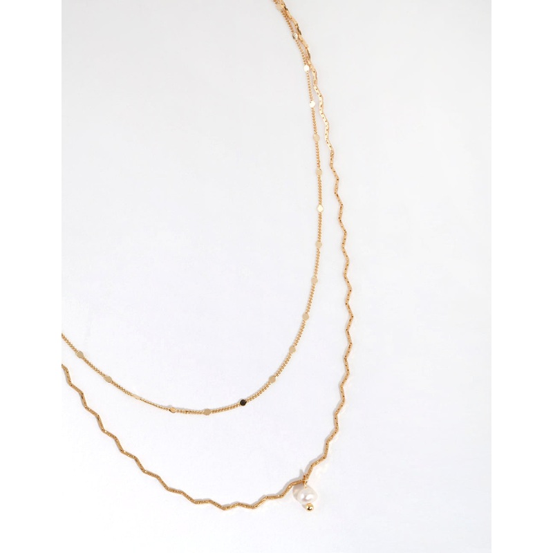 Gold Plated Wave Chain & Freshwater Pearl Layered Necklace