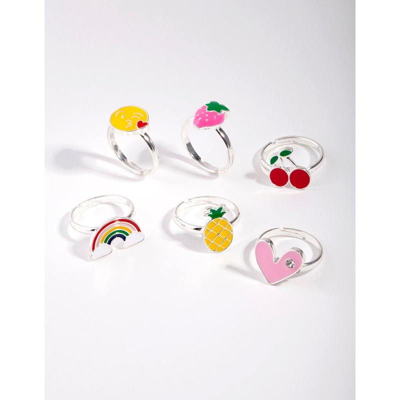 Kids Silver Fruity Rainbow Ring 6-Pack