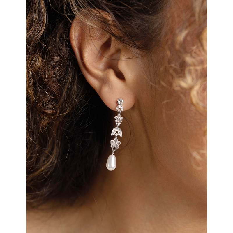 Silver Floral Pearl Drop Earrings
