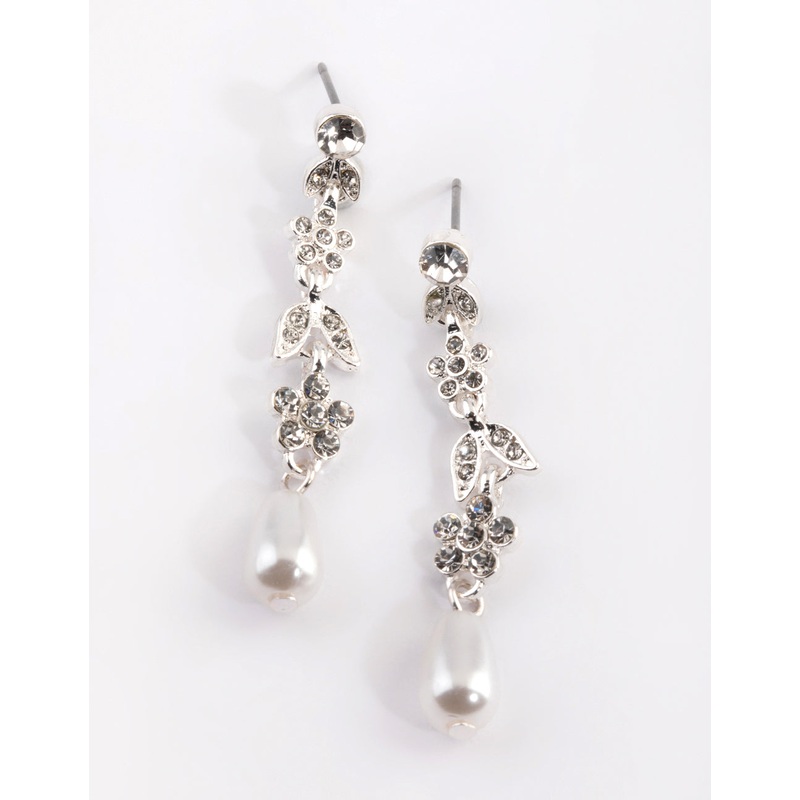 Silver Floral Pearl Drop Earrings