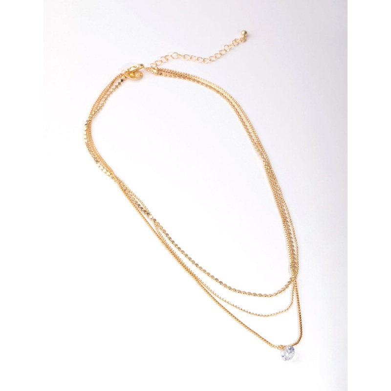 Gold Cubic Zirconia Chain Droplet 3-Row Necklace