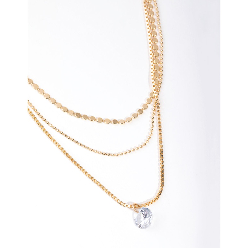Gold Cubic Zirconia Chain Droplet 3-Row Necklace
