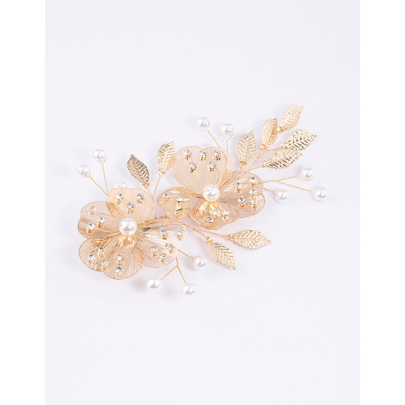 Gold Pearl Etched Flower Hair Clip