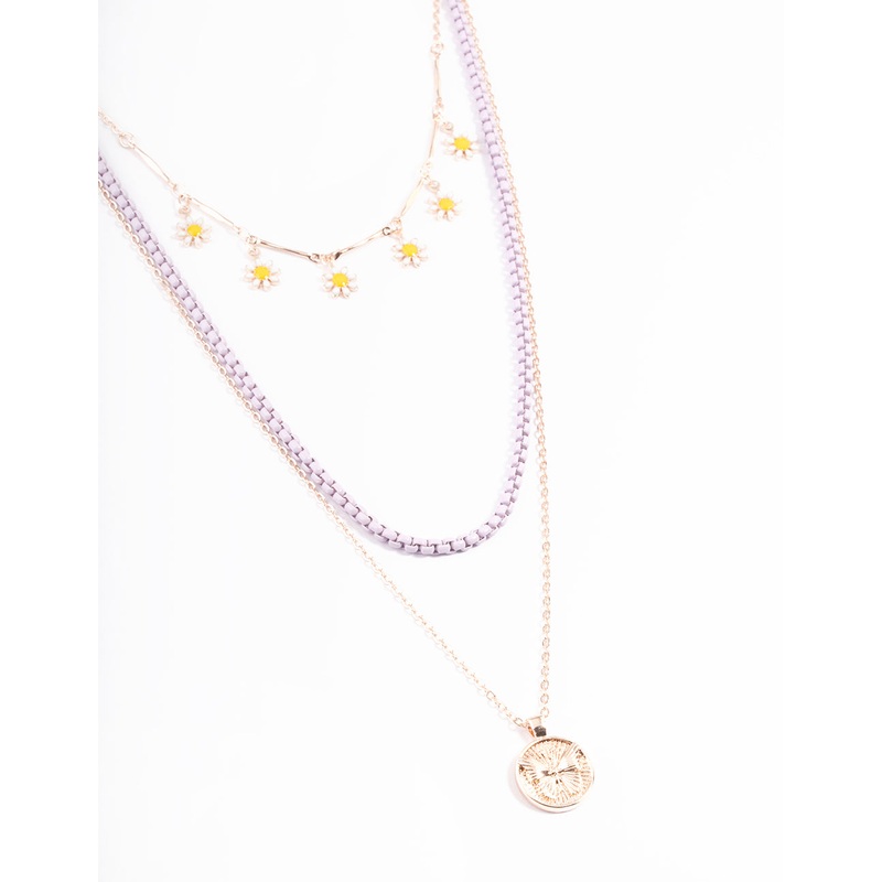 Rose Gold Daisy Butterfly Multi Row Necklace