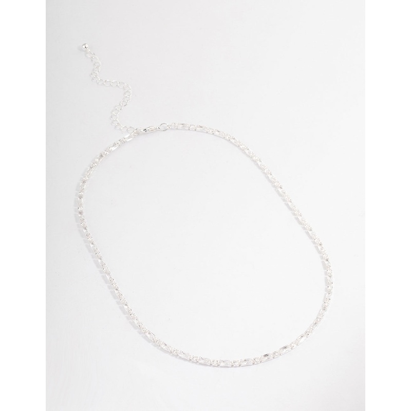 Silver Plated Cubic Zirconia Round & Baguette Tennis Necklace