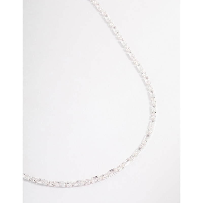 Silver Plated Cubic Zirconia Round & Baguette Tennis Necklace
