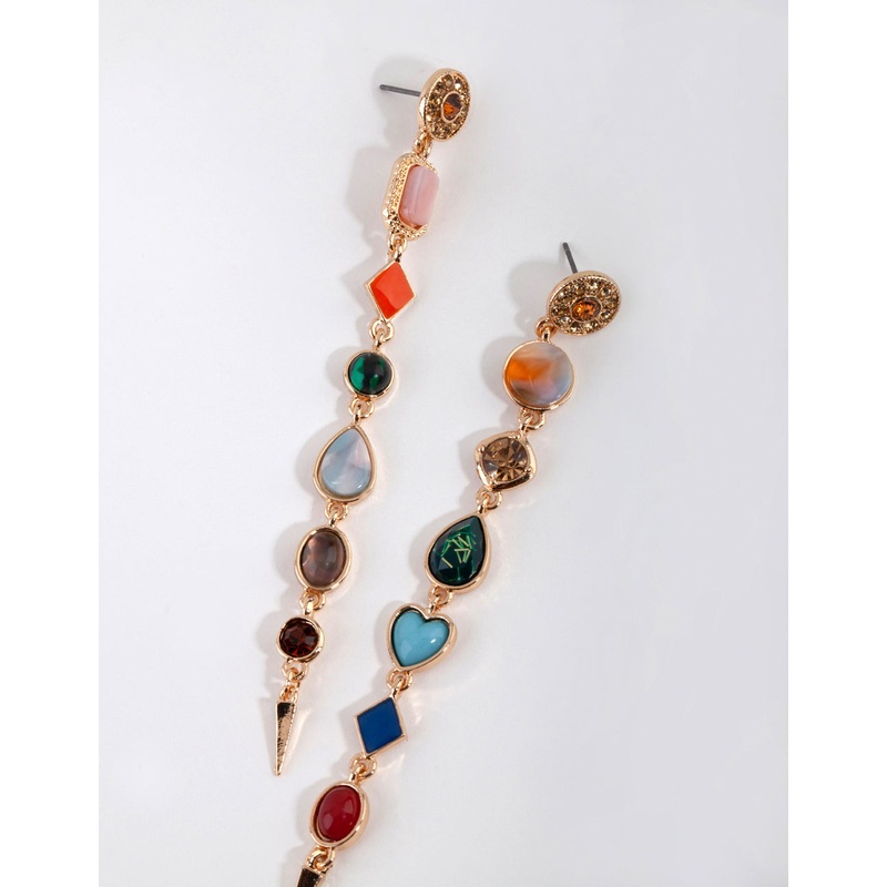 Gold Long Mixed Stone Drop Earrings