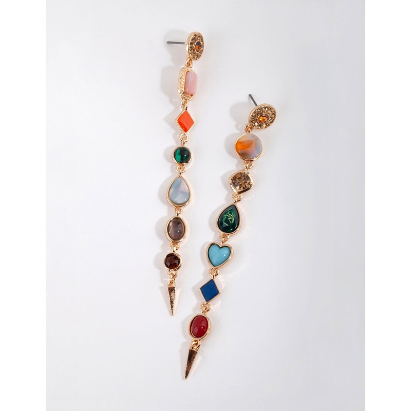 Gold Long Mixed Stone Drop Earrings