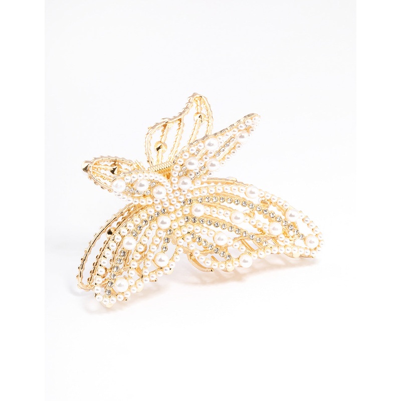 Gold Pearl Butterfly Hair Claw