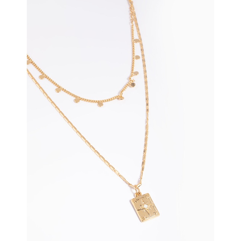 Gold Plated Disc Pendant Layered Necklace