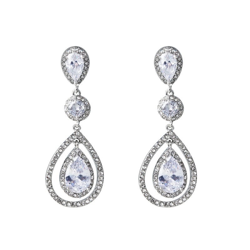 Silver Diamond Simulant Graduated Crystal Teardrop Earrings