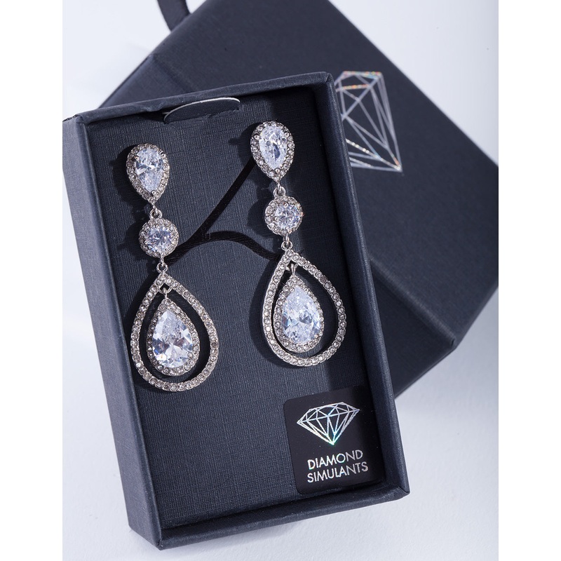 Silver Diamond Simulant Graduated Crystal Teardrop Earrings