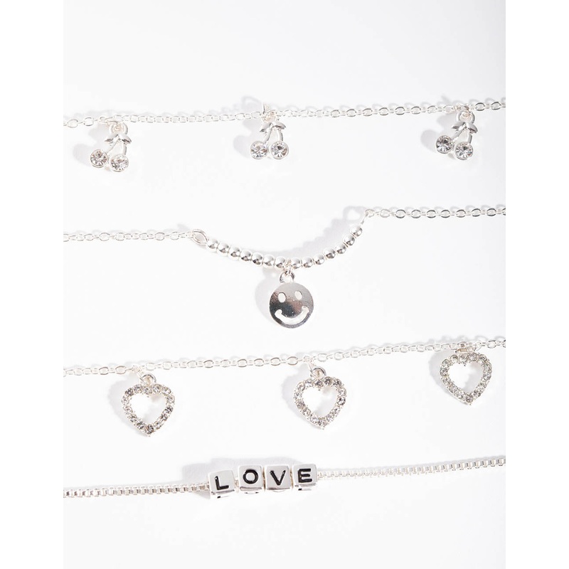 Silver Love Cherry 4-Pack Bracelet & Anklet Set