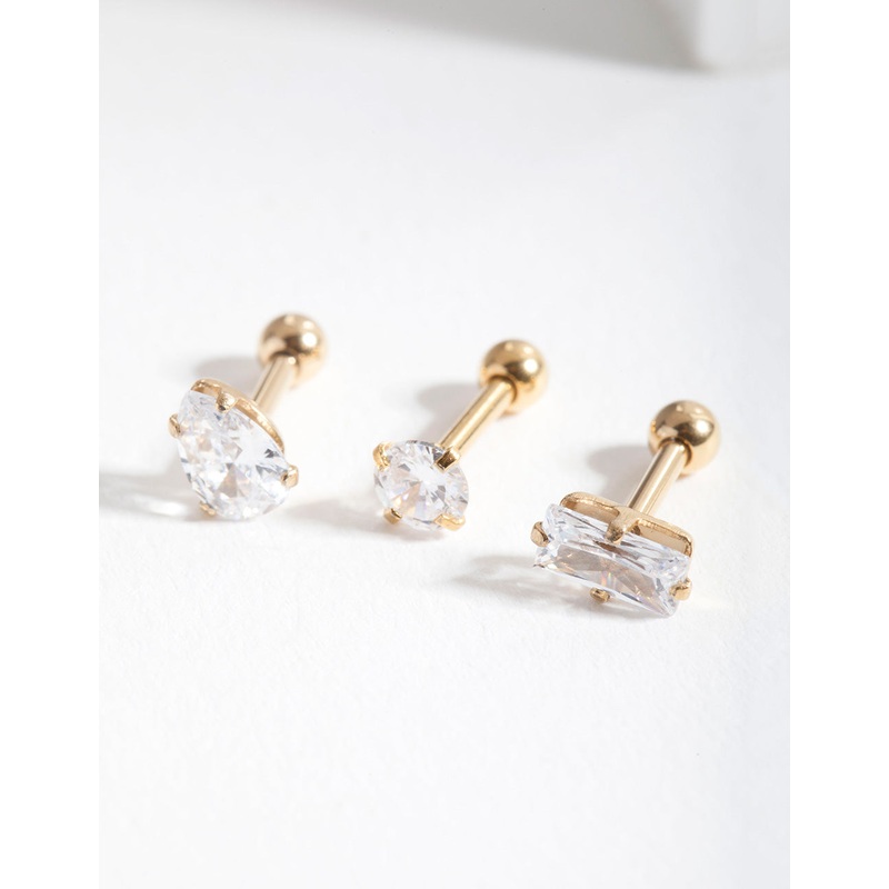 Gold Cubic Zirconia Multi-Cut Stone Barbell Earring Pack