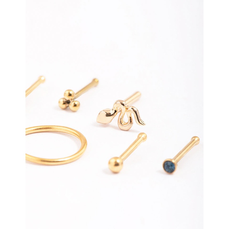 Gold Plated Surgical Steel Snake & Bezel Nose Piercing 6-Pack
