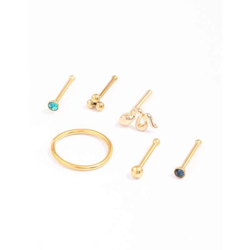 Gold Plated Surgical Steel Snake & Bezel Nose Piercing 6-Pack