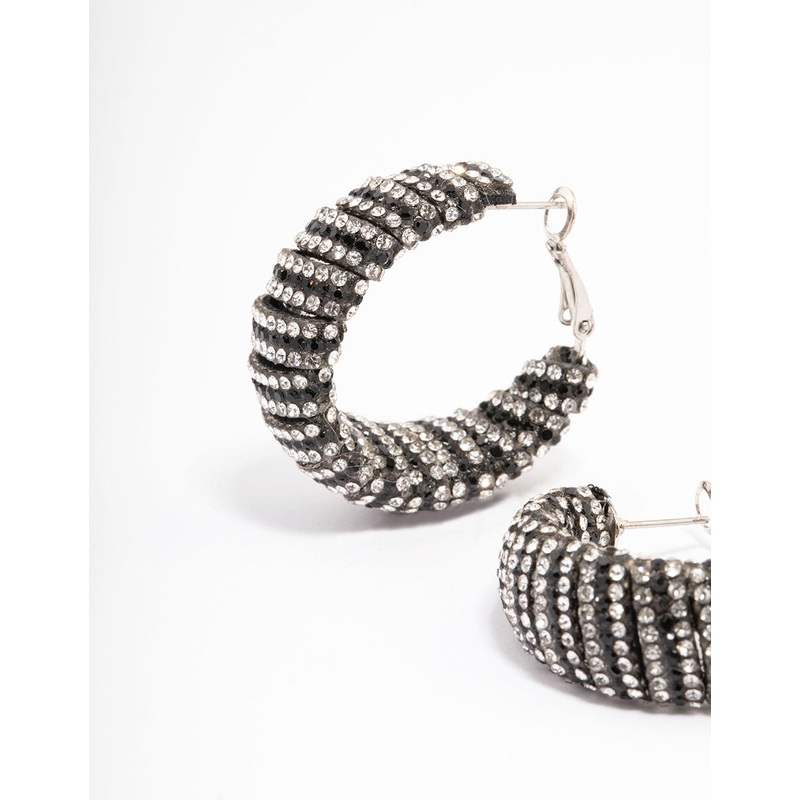 Silver Statement Two-Toned Black Diamante Hoop Earrings