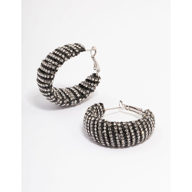 Silver Statement Two-Toned Black Diamante Hoop Earrings