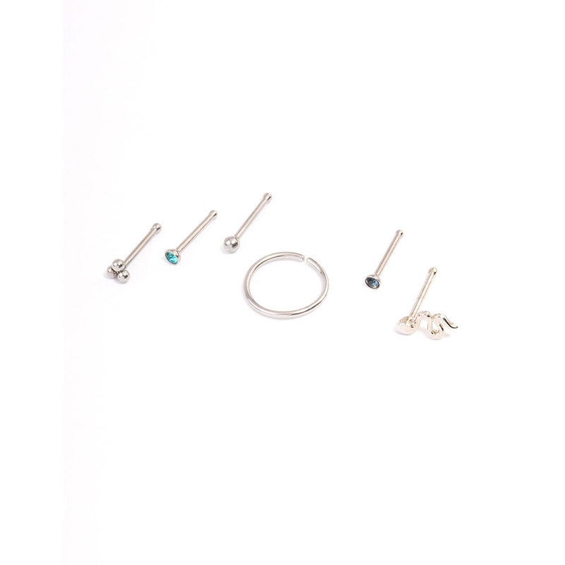 Surgical Steel Snake & Bezel Nose Ring 6-Pack