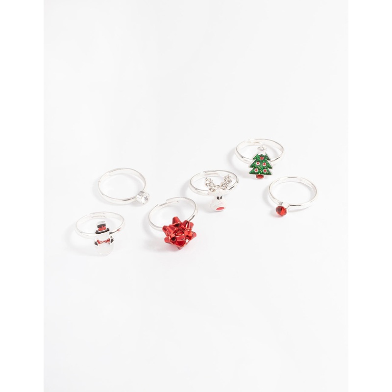 Kids Silver Diamante Bow 6-Pack Rings