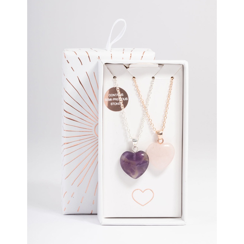Mixed Metal Amethyst & Rose Quartz Heart Necklace Pack