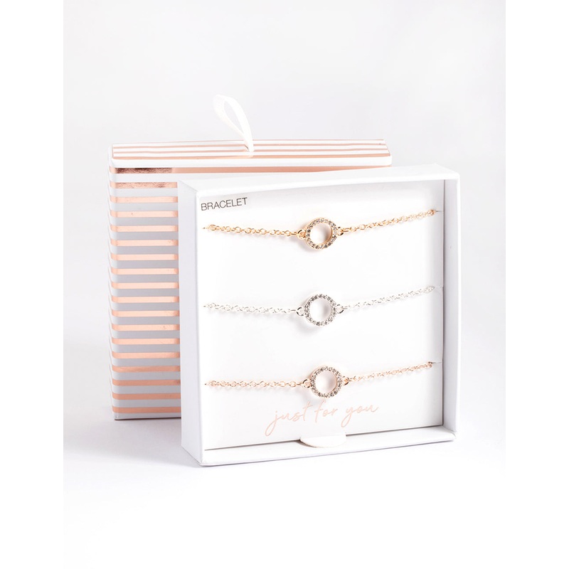 Mixed Metal Diamante Open Circle Bracelet Pack