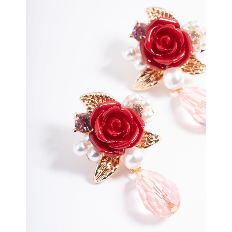 Red Rose Pearly Stud Earrings