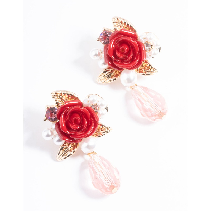 Red Rose Pearly Stud Earrings
