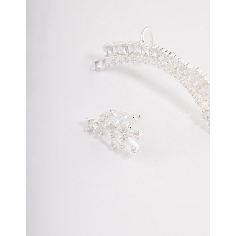 Silver Plated Cubic Zirconia Baguette Cuff Stud Earrings