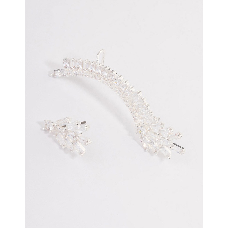 Silver Plated Cubic Zirconia Baguette Cuff Stud Earrings