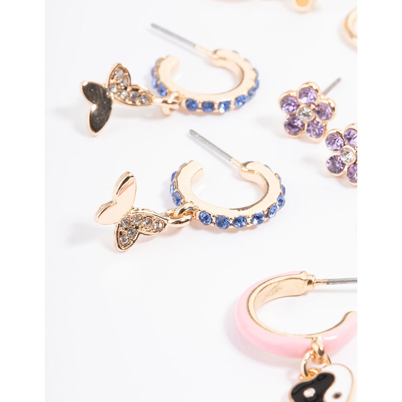Gold Pink Enamel Charm Earrings 4-Pack