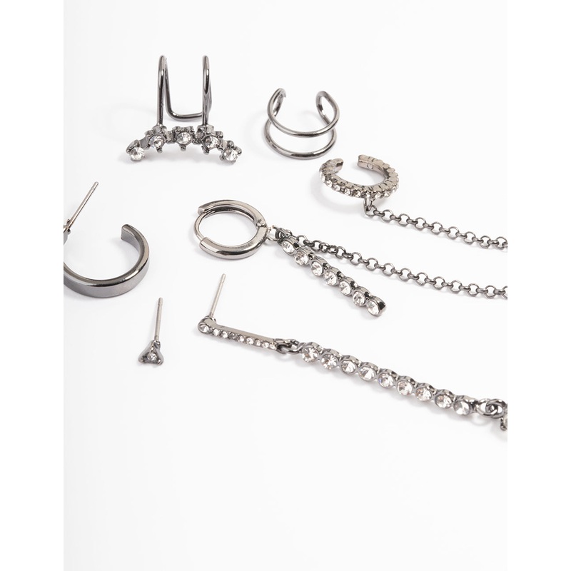 Gunmetal Clear Stone Bar Stud Earring Pack