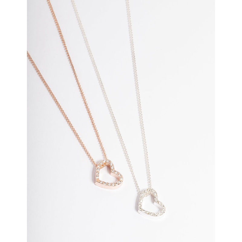 Mixed Metal Diamante Side Heart Necklace Pack