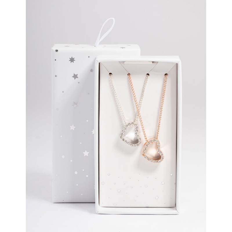 Mixed Metal Diamante Side Heart Necklace Pack