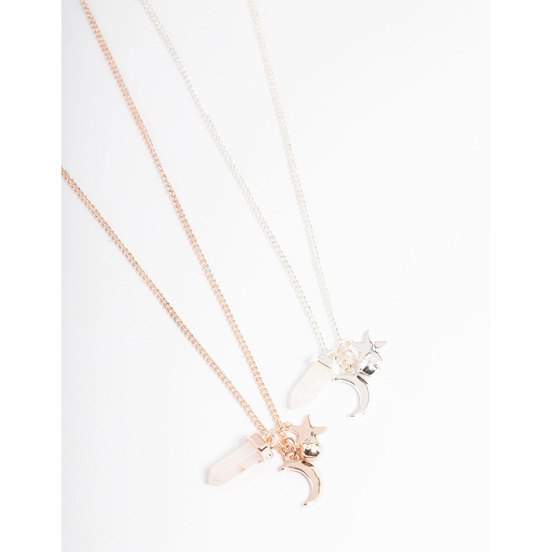 Mixed Metal Rose & Clear Quartz Charm Shard Necklace Pack