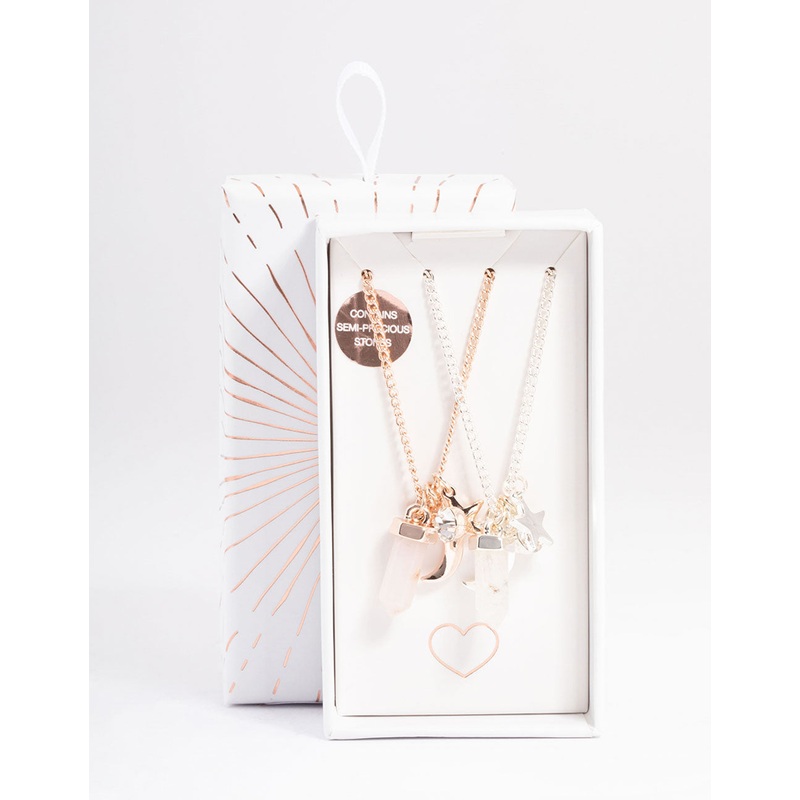 Mixed Metal Rose & Clear Quartz Charm Shard Necklace Pack