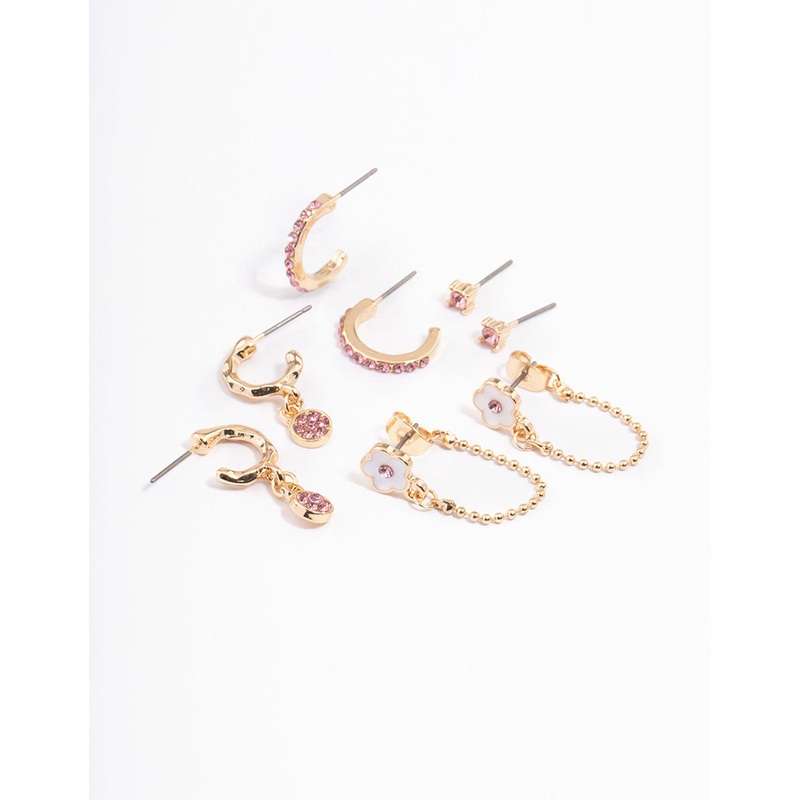 Pink Flower Chain Stacker Earrings