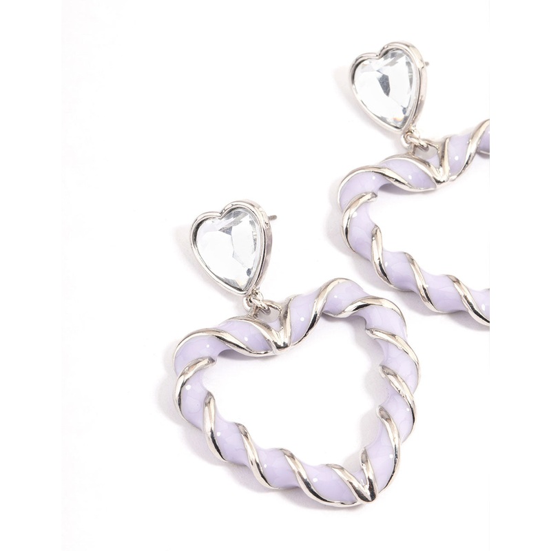 Rhodium Purple Heart Twist Drop Earrings
