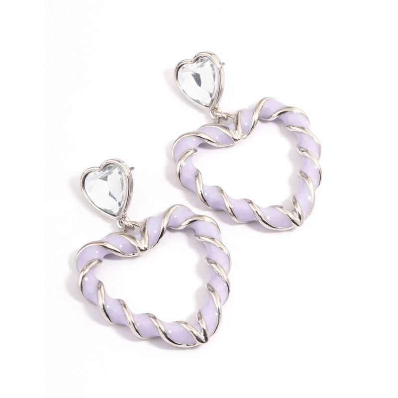 Rhodium Purple Heart Twist Drop Earrings