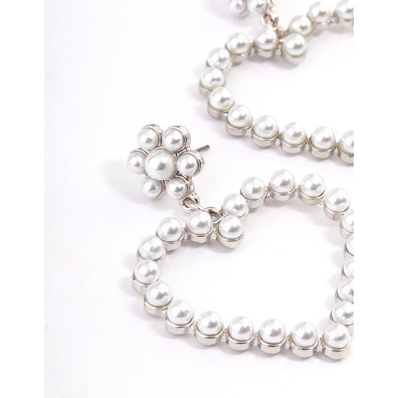 Silver Pearl Heart Statement Earrings