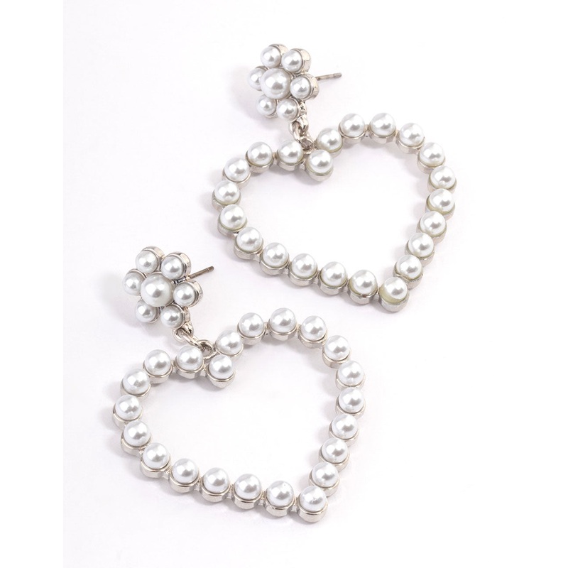 Silver Pearl Heart Statement Earrings