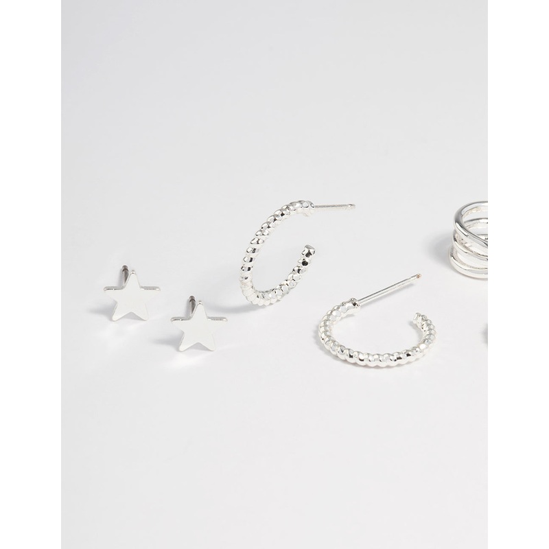 Silver Plated Star & Moon Stud Earrings 8-Pack