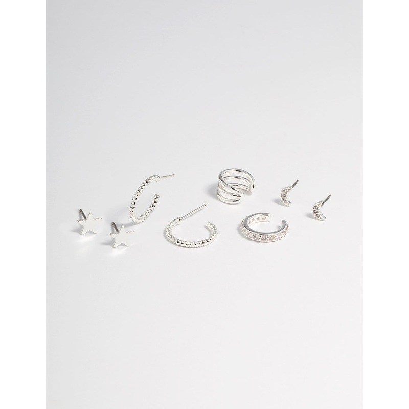 Silver Plated Star & Moon Stud Earrings 8-Pack